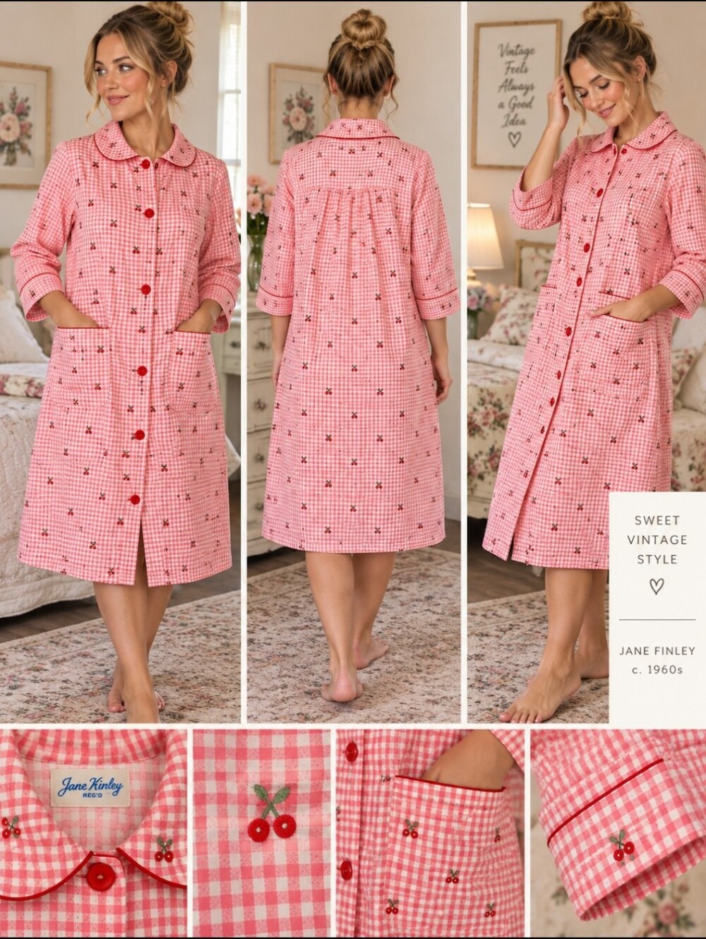 Vintage 1950s Jane Kinley Pink Gingham Cherry Housecoat Robe Made Canada L XL